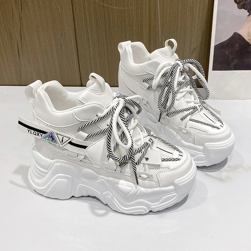 New 2025 Autumn Women Chunky Sneakers Breathable Mesh Casual Shoes 9CM Wedge Heels Platform Sports Dad Shoes Chaussures Femme