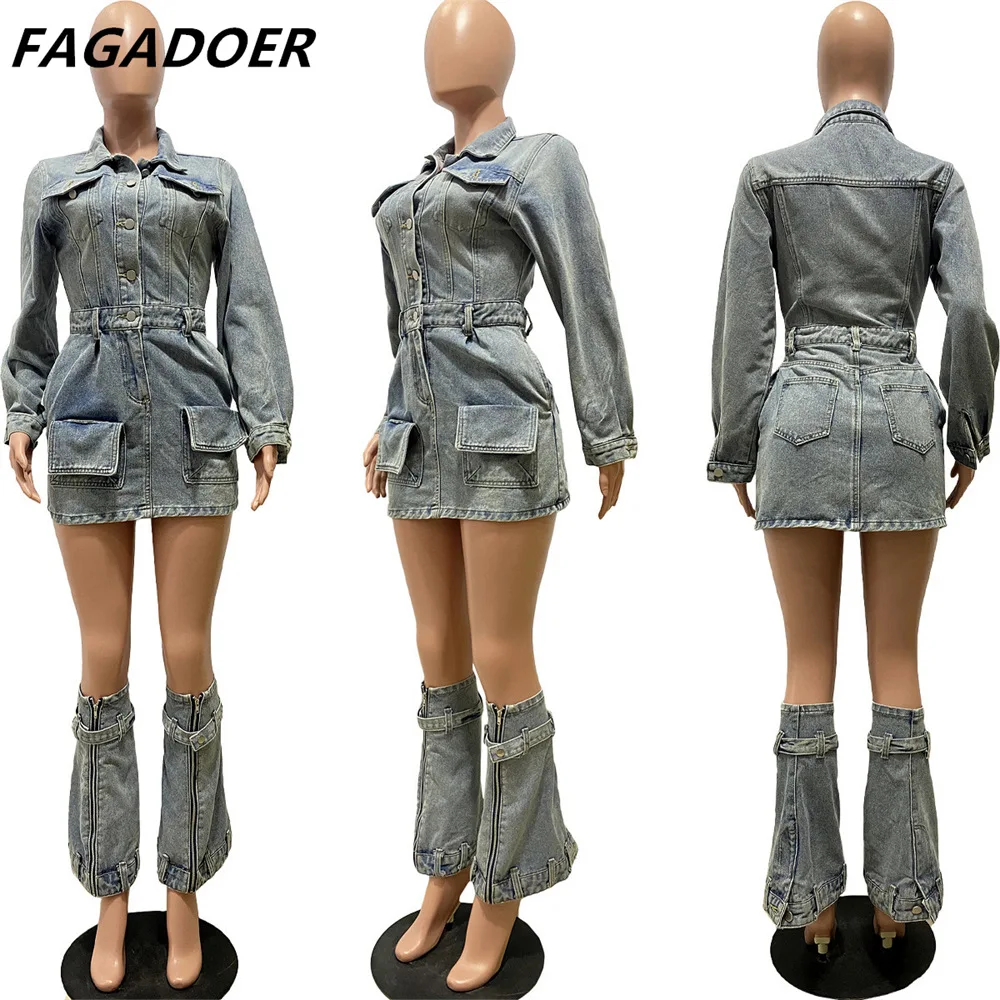 FAGADOER moda Denim bolsillo ceñido al cuerpo Mini vestido mujeres cuello vuelto botón ajustado no elástico Vestidos mujer ropa de vaquero