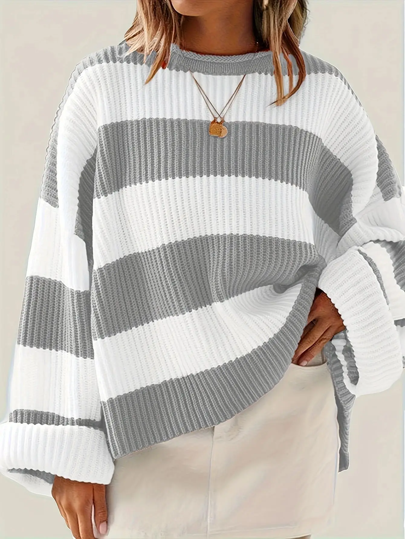 

2025 Autumn/Winter Retro Colorful Stripes Loose Round-neck Lazy Style Knitted Pullover Top