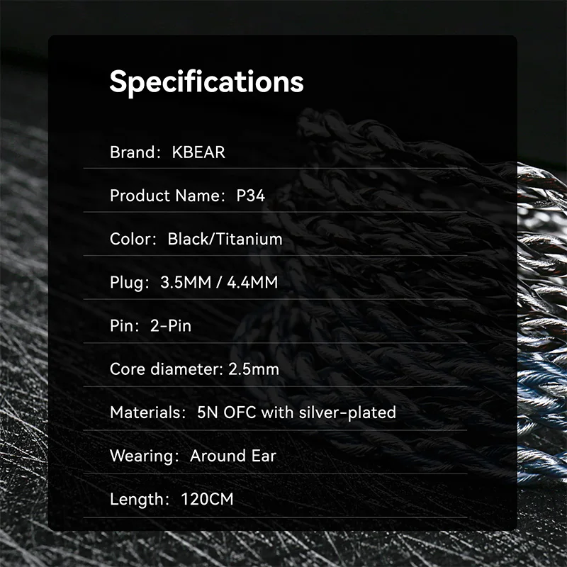 KBEAR P34 2-Strands 98-Core OFC Silver-Plated Interchangeable Plug Design 3.5/4.4mm Removable Headphone Cable image 6