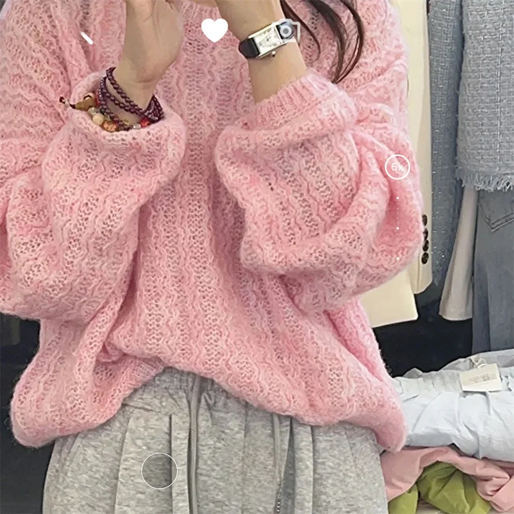 

Pink Peach Knitted Hollow out Design Wave Horizontal Stripes Loose Fit Overhead Sweater Women's Faion Casual round Ne Lon...