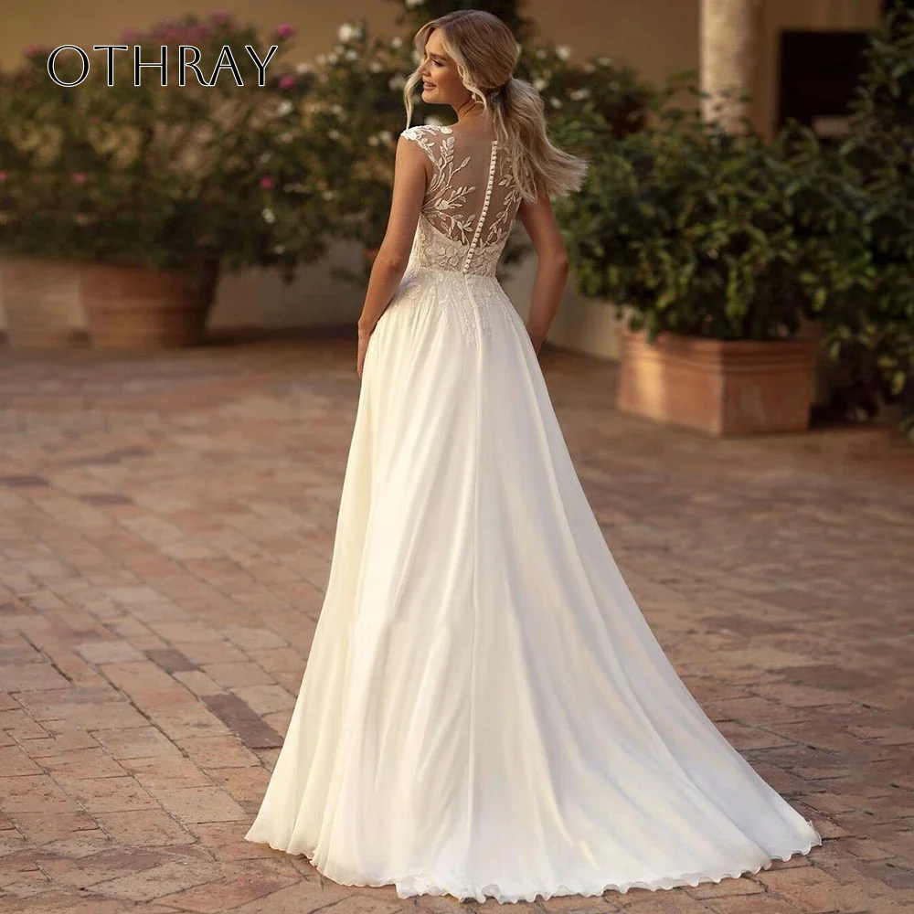 Lace A-line Bridal Wedding Gown Split Buttons Chiffon Sweep Train Customized свадебное платье