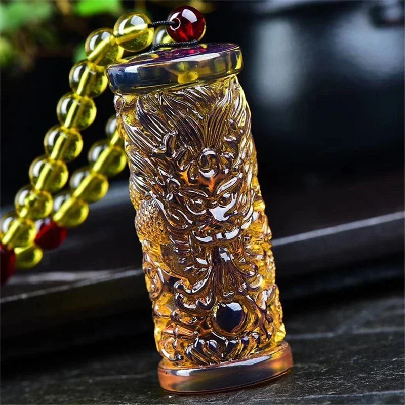 

Natural Beeswax Baltic Amber Original Stone Dragon Column Pendant Necklace Men Hand-carved Sweater Chain Gifts For Women Jewelry