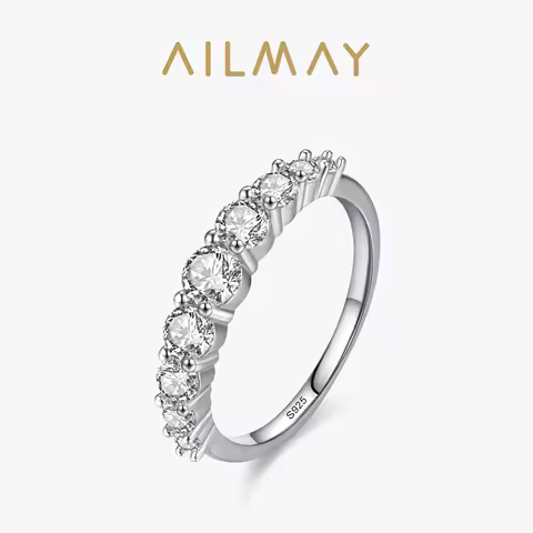 Ailmay Real 925 Sterling Silver Luxury Sparkling Round Clear Zircon Finger Ring For Women Engagement Anniversary Jewelry Gift