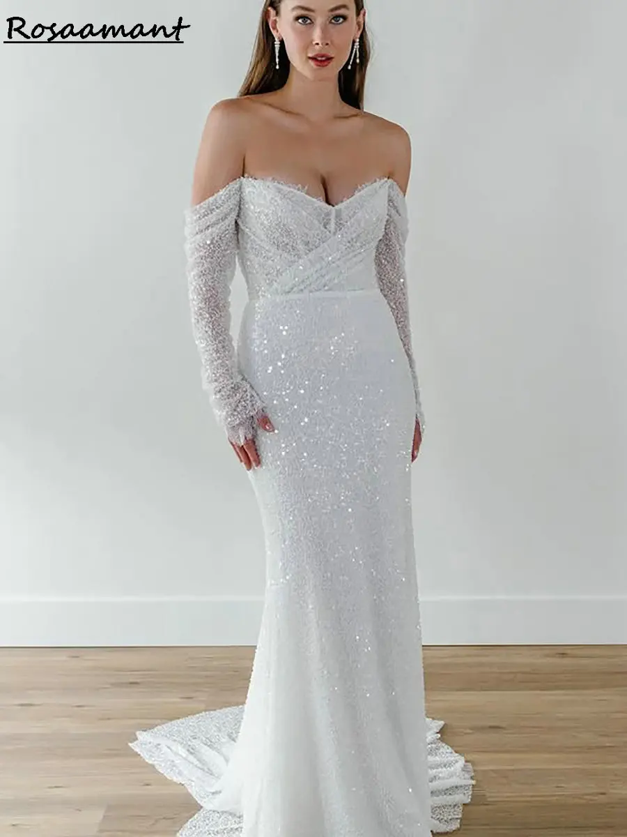 

Sparkly Sequined Beading Pleat Mermaid Wedding Dress Off The Shoulder Long Sleeve Boho Bridal Gowns