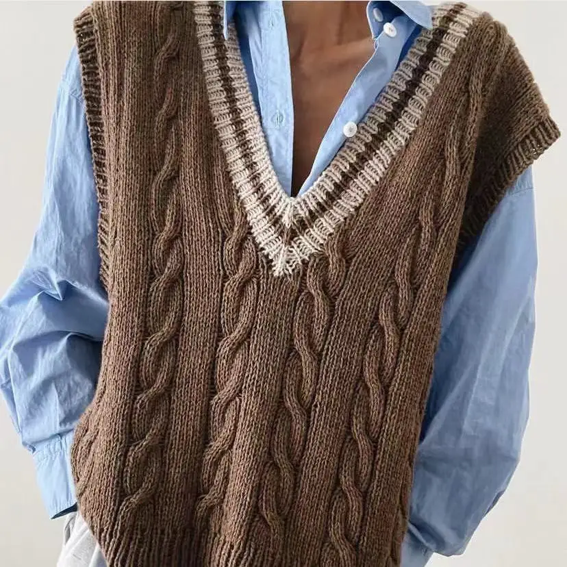 Spring and autumn pullover V-neck college style Fried Dough Twists vest loose, lazy and comfortable mohair hand knitting