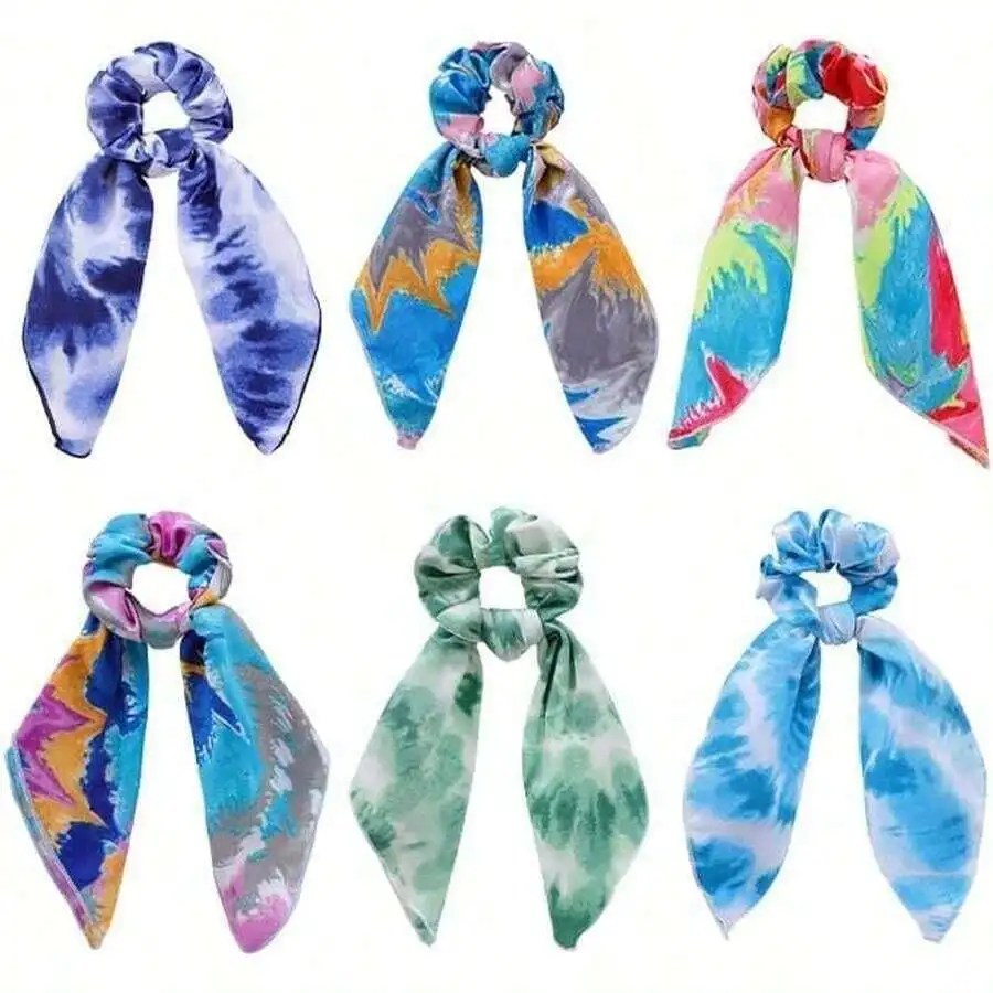 6PCS Tie-Dye Hair Scarf Scrunchies With Long Tails For Women