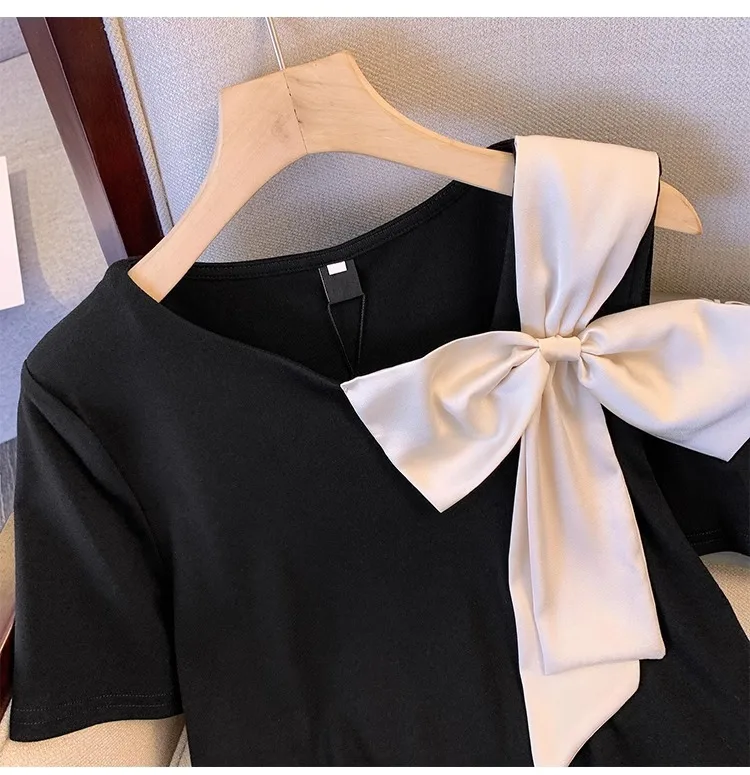 2024 Large Summer Korean Style New T-Shirt Chic Sexy Hollow Out Skew Collar Color Blocking Big Bow Women Tops Short Sleeve Tees