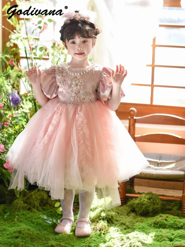 Sweet Baby Girls High End Heavy Elegant Lolita Princess Dress Kids 2026 Summer New Luxury Pearls Sequin Birthday Tulle Ball Gown
