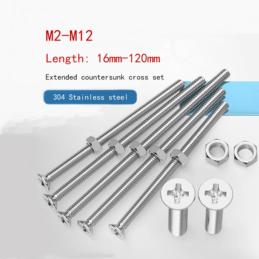 

304 Stainless Steel Countersunk Cross Bolt and Hex Nut Kit Screw M2 M2.5 M3 M3.5 M4 M5 M6 M8 M10 M12 Length 16mm-120mm