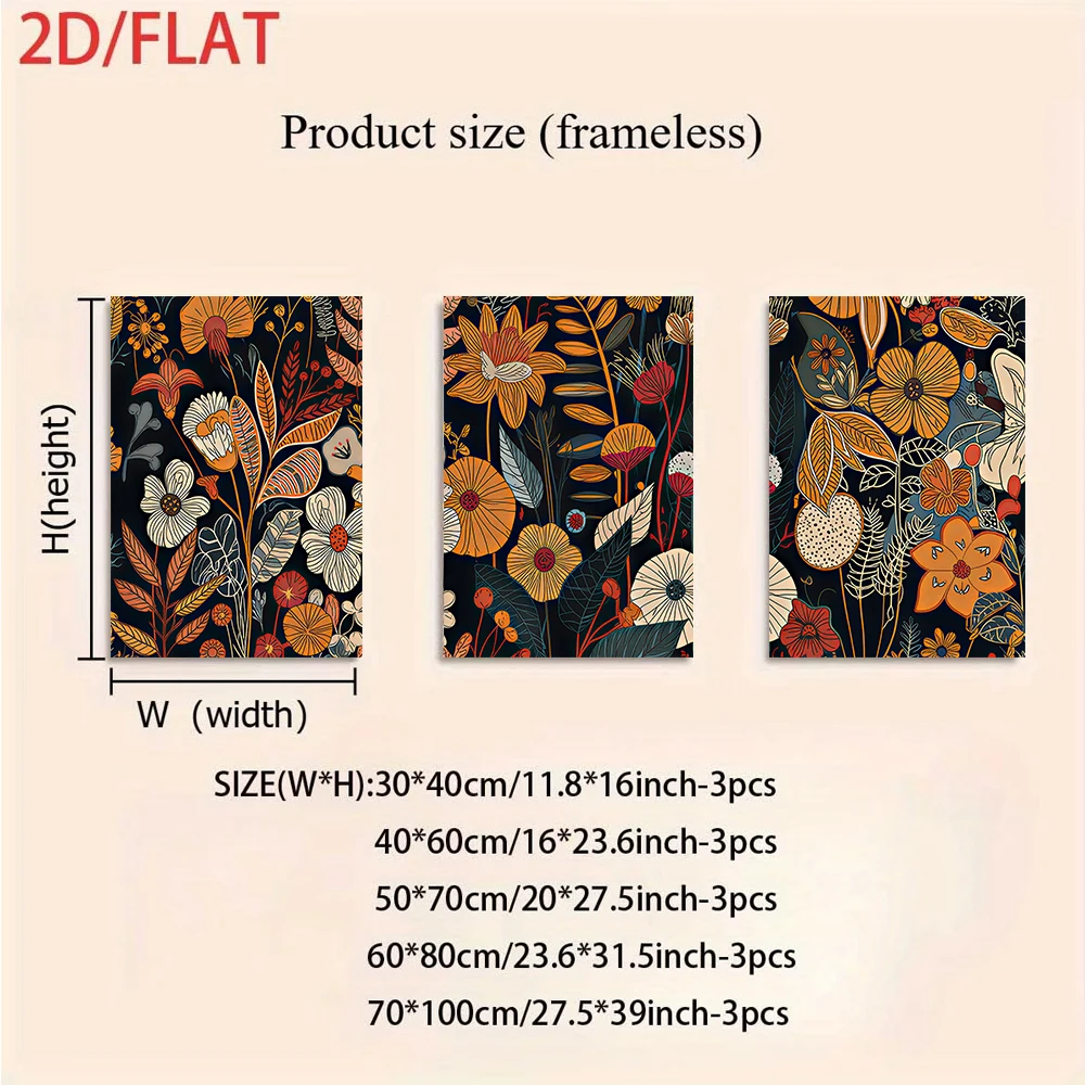 1 set of modern abstract floral triptych frameless decorative paintings, minimalist home wall art, 2D flat design.