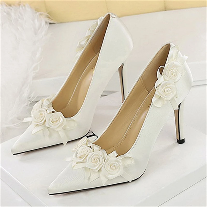 

BIGTREE New Sexy Thin High Heels Satin Mule Women Pumps Designer Flower Pointed Toe Banquet Party Female Shoes