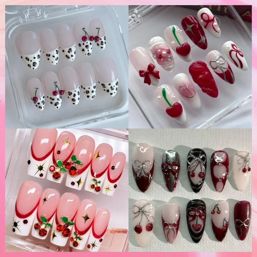 

10Pcs Handmade Manicure Medium Almond Fake Nails New Cute Ballet Cherry Nails Press On Nails Design with Adhesive Nail File Set