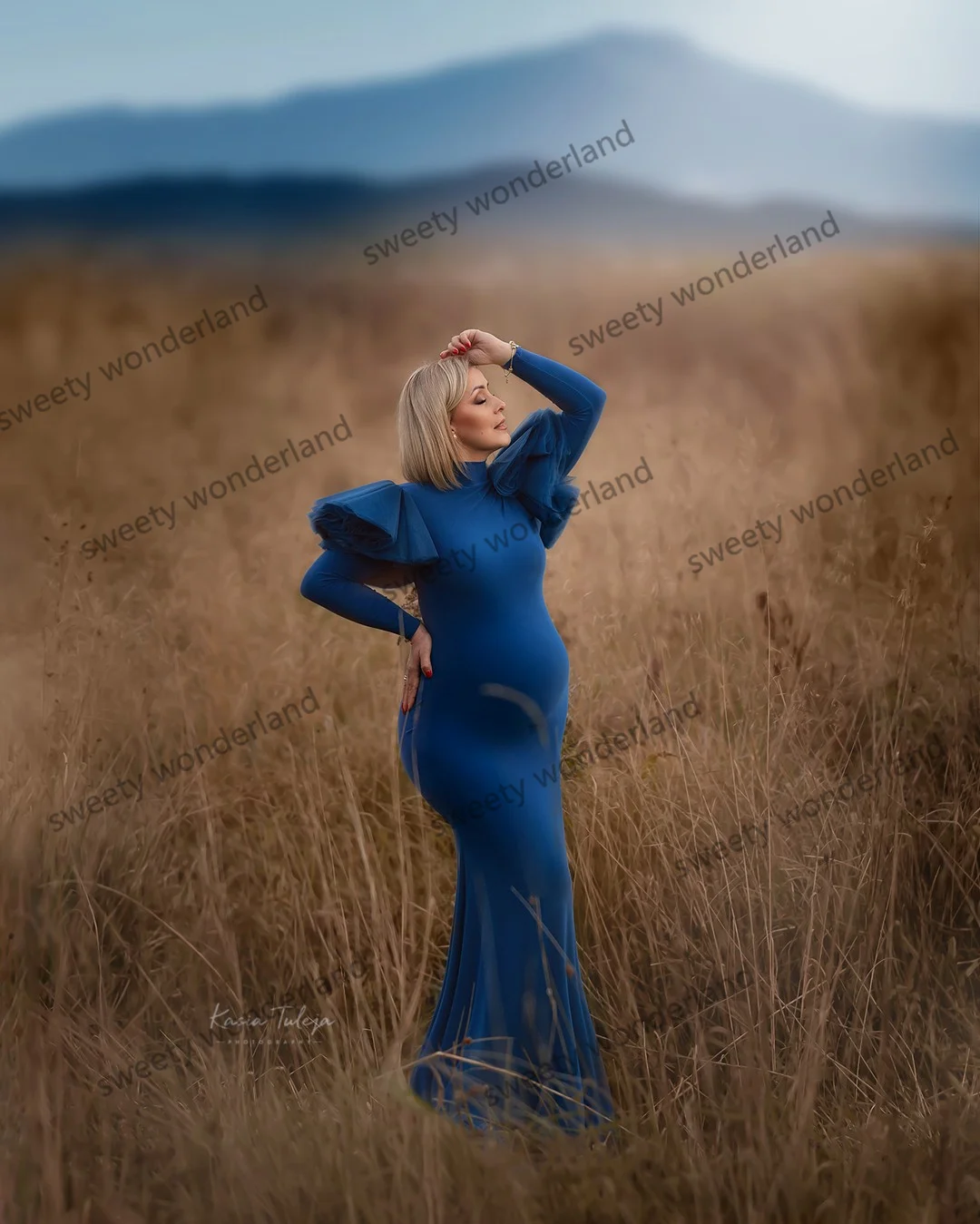 Blue Long Sleeve Maternity Photoshoot Dress with Detachable Train Women Elegant Prom Gown for Baby Shower