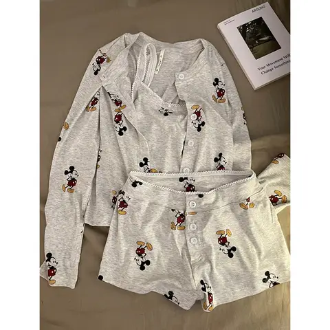 3Pcs Women Pajamas Set Cute Mickey Mouse Sleepwear Summer Autumn Cartoon Home Clothes Nightshirt Set