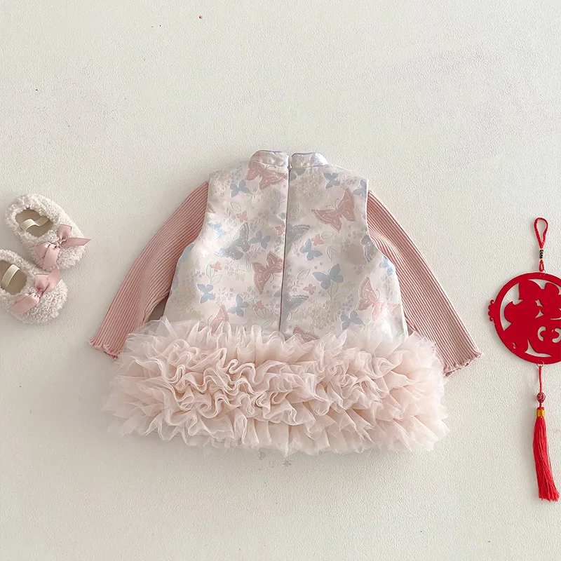 فستان بناتي ريترو للعام الجديد 2025 شتاء جديد للأطفال على الطراز الصيني تنورة مائلة فستان كعكة فستان سميك للأطفال