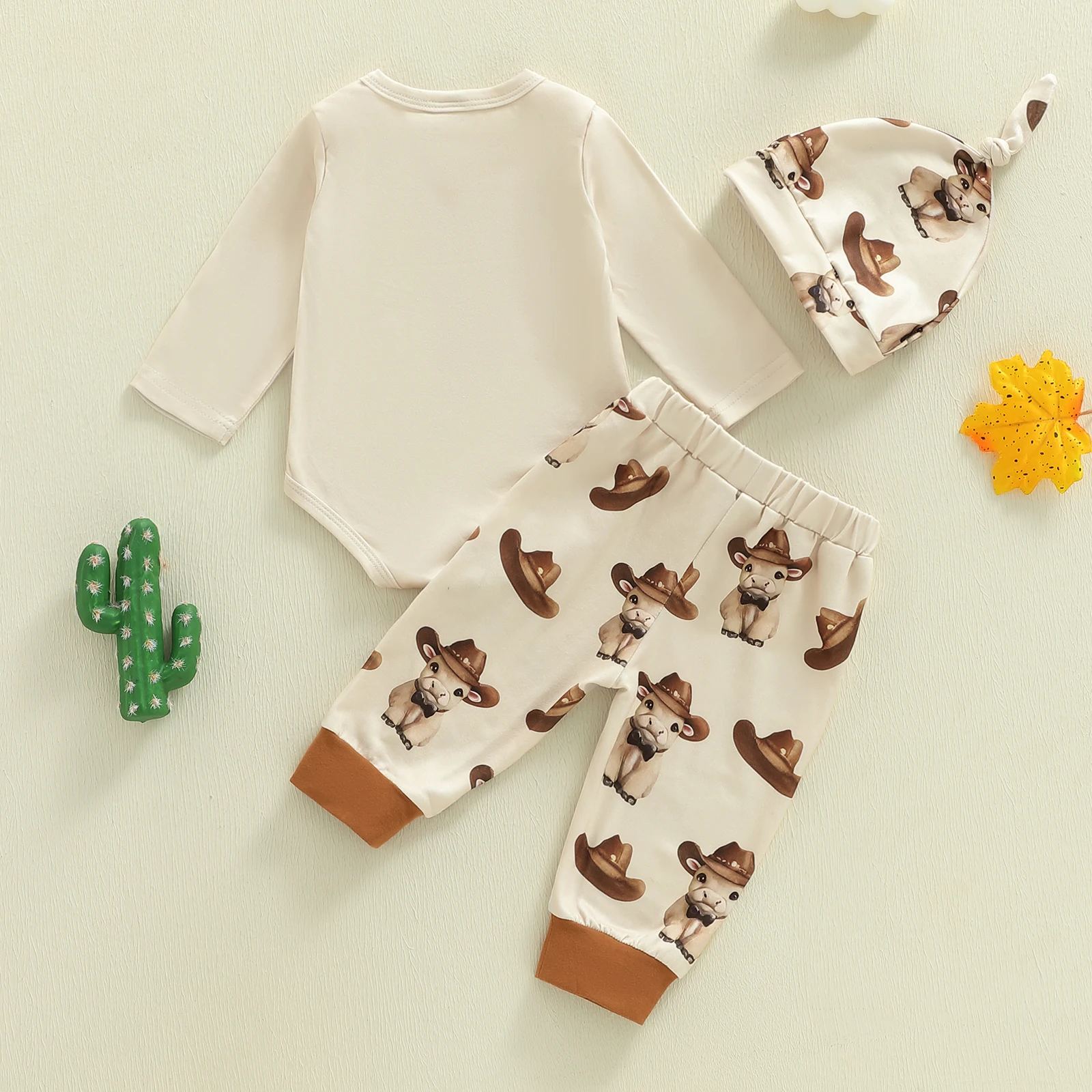 3피스 유아 남아 의상 카우걸 송아지 프린트 긴팔 크루넥 롬퍼 밴딩 조거 팬츠 모자 세트 남아 의류