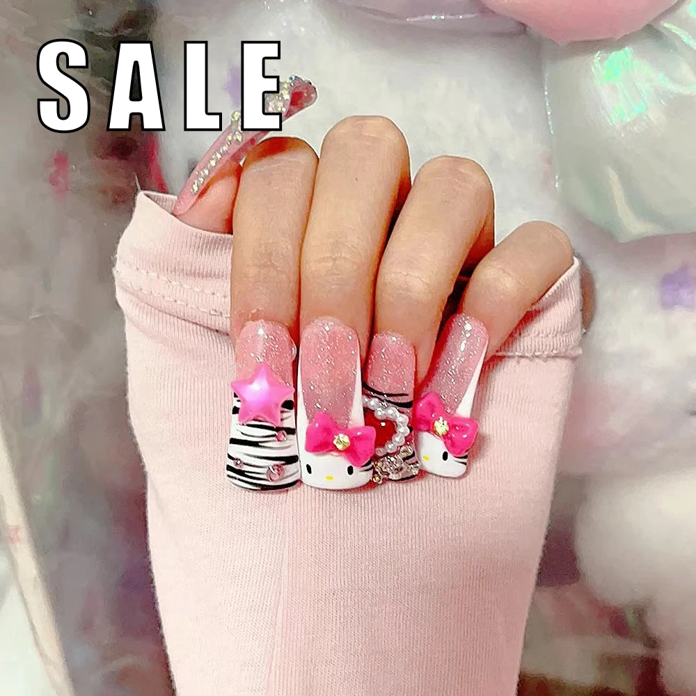 10Pcs Sales Promotion Sanrio Hello Kitty Trapeze Glitter Powder Press On Nail Hand-Painted Pinstripes Rhinestone Finished Nail