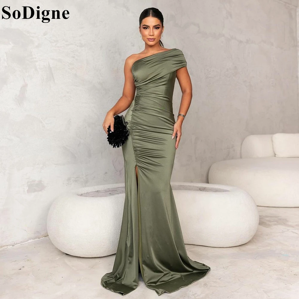 SoDigne Olive Green Satin Evening Dresses Mermaid One Shoulder Draped Side Slit Simple Party Dress Formal Occasion Prom Gowns