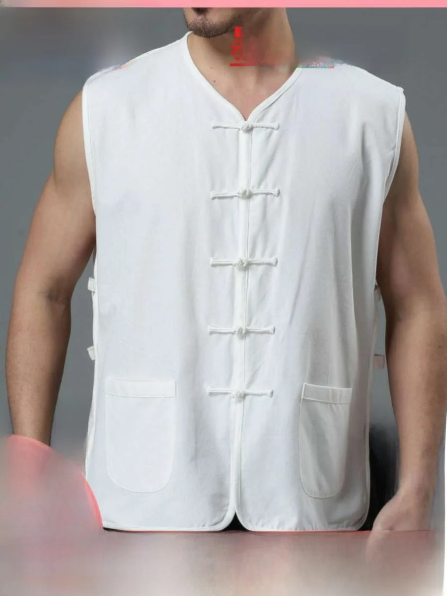 

Loose Fit Chinese Style Men's Vest Summer Open-Shirt Button up Mid-aged And Elderly Special Wide Regular Sleeveless Top