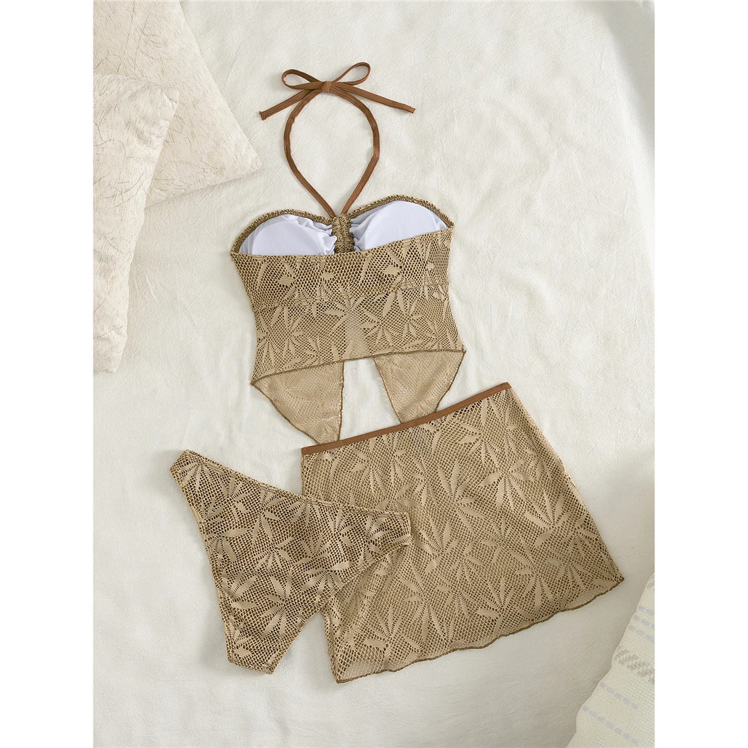 S - XL, mit Rock, mit Blättermuster, Bikini, Damen-Badebekleidung, dreiteiliges Bikini-Set, Badeanzug, Badebekleidung, Modell V8462. – Detail 5