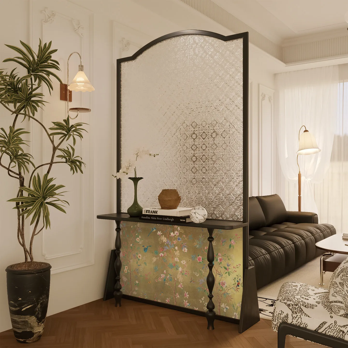 

French medieval screen partition, living room solid wood entrance door, glass porch cabinet, American home screen