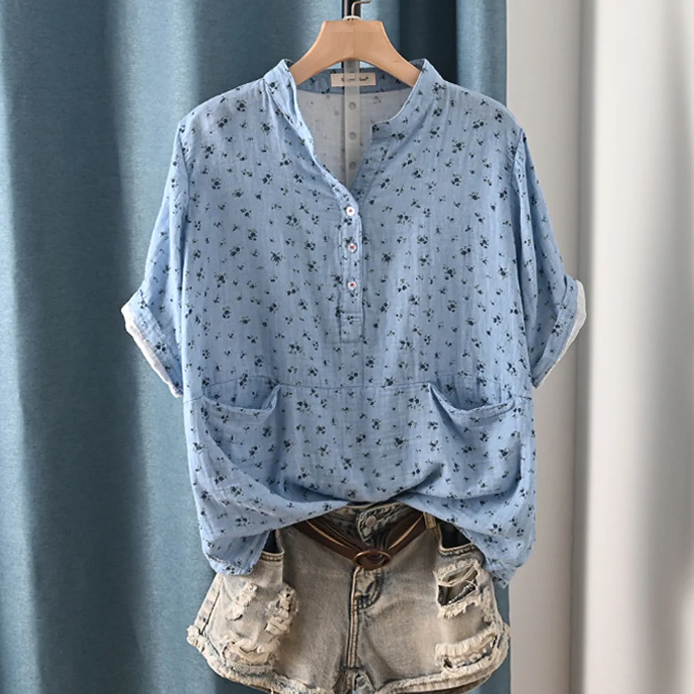 Spring Cotton Yarn Casual Retro Shirt Women V Neck Print Blouses Girl Short Sleeve Fashion Simple Loose Top 2024 Summer T45412QM