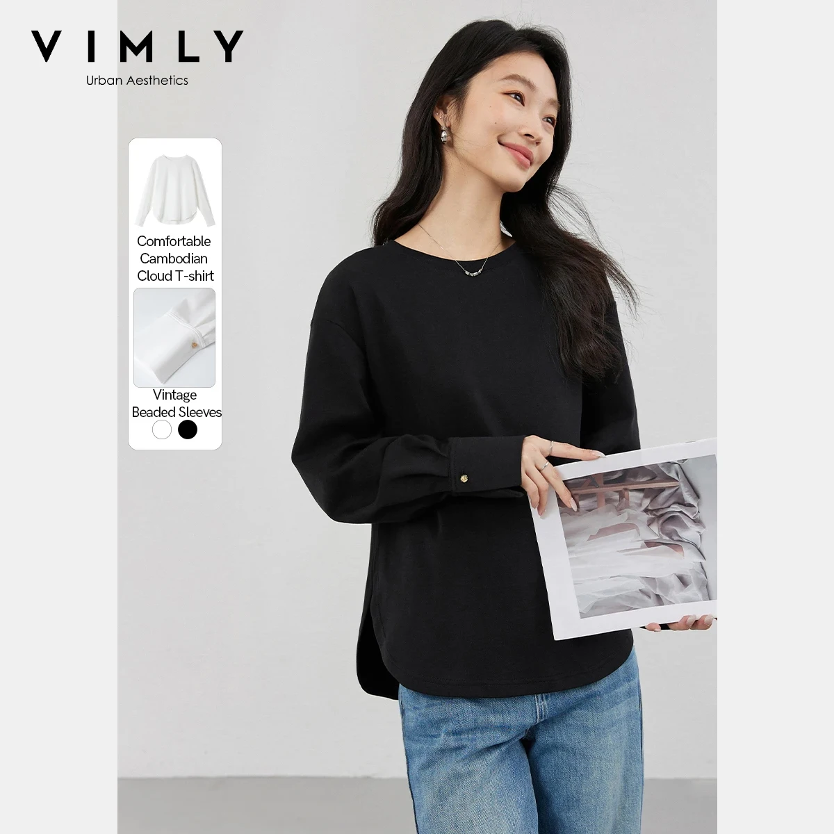

Vimly Women's Oversized T-Shirt 2025 Autumn Round Neck Long Sleeve Button Cuff Design Tees Casual Basic Commuter Tops A0132