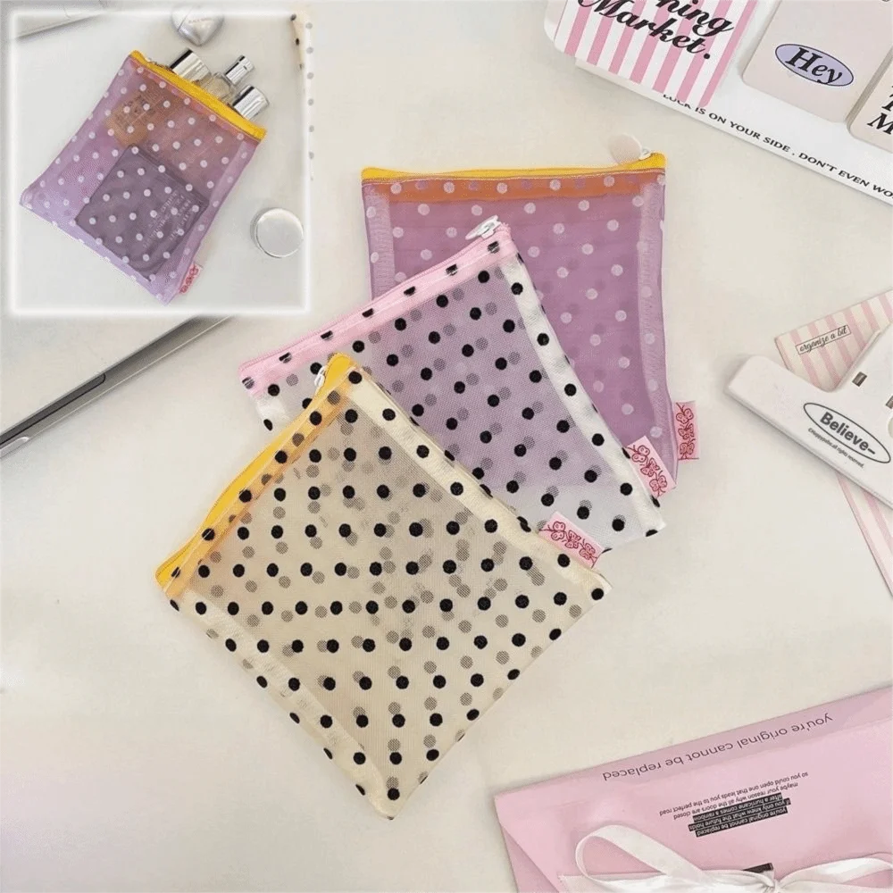 New Mesh Transparent Cosmetic Bag Zipper Closure Polka Dot Makeup Pouch Portable Storage Bag Travel