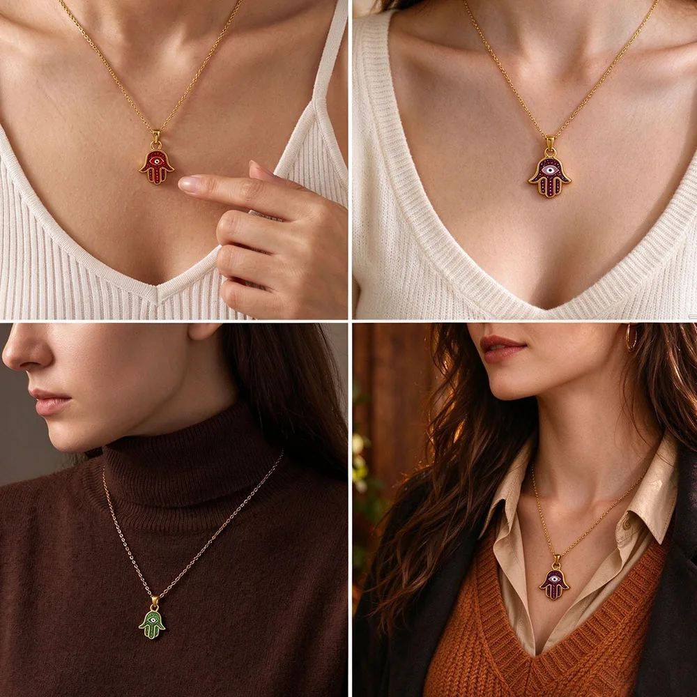 1pc Enamel Hamsa Hand Evil Eye Pendant Necklace Stainless Steel Fatima Hand Fatima Chain Lucky Protection Jewelry Gift For Women