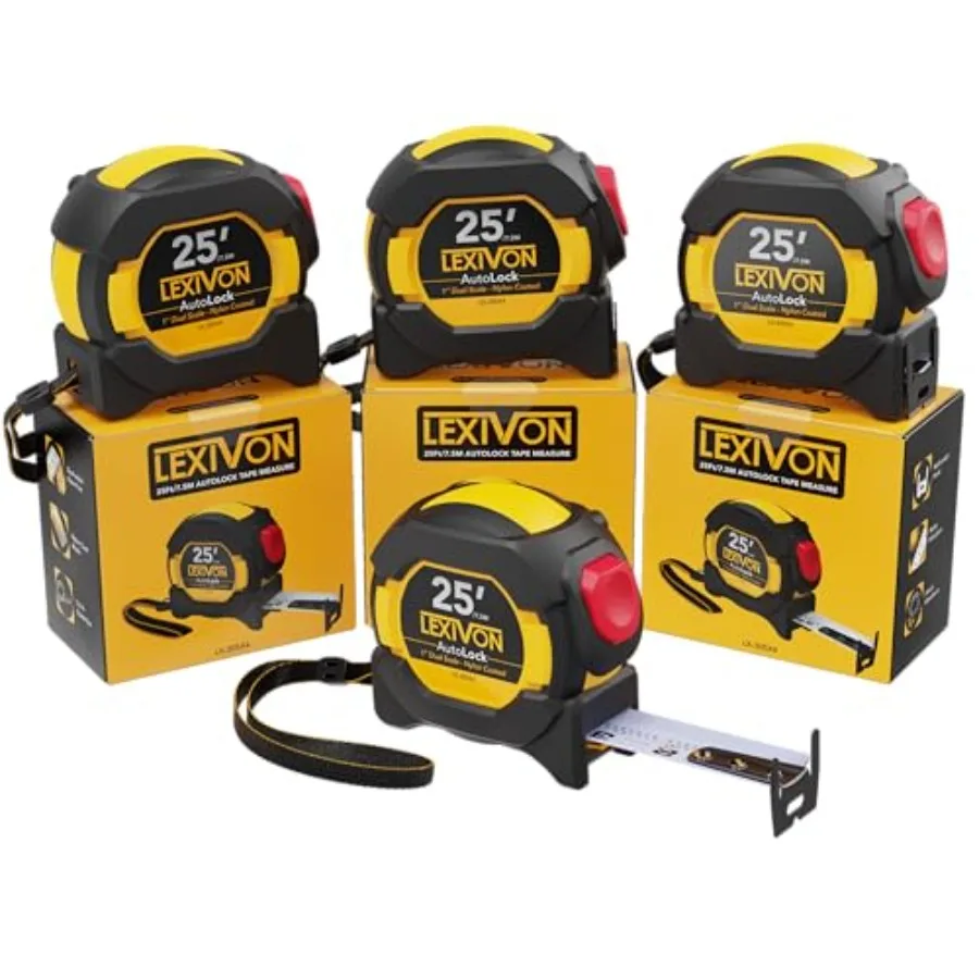 

4-Pack] 25Ft/7.5m Tape Measure 1-Inch Wide Blade with Nylon Coating, Matte Finish White and Yellow Dual Sided Rule Print Ft/Inc