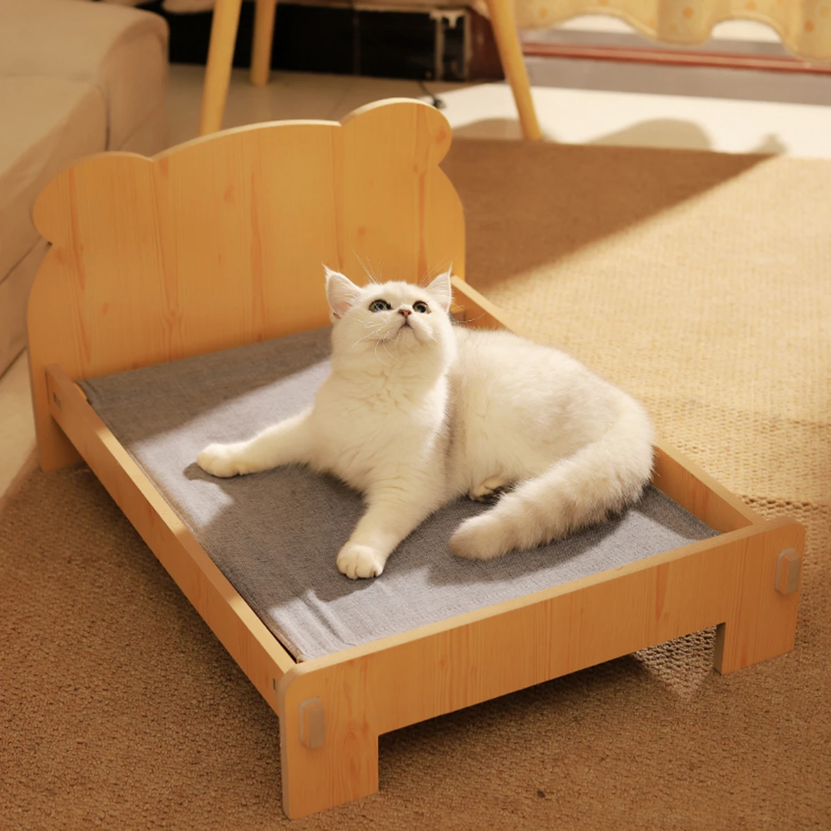 Cat Bed Wooden Cat And Dog Bed With Teddy Bear Pattern Indoor Pet Furniture Floor To Ceiling Bed(20*11inch)Comfortable Durable