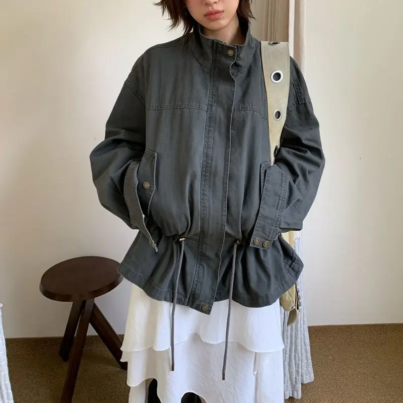 2026 Retro Old Stand-up Collar Denim Loose and Thin Tooling Jacket for Women