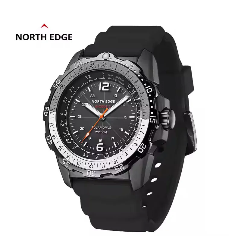 

NORTH EDGE Авиационные женские и мужские часы на солнечной энергии, водонепроницаемость 50 м, светящийся циферблат, силиконовый ремешок (46 мм)