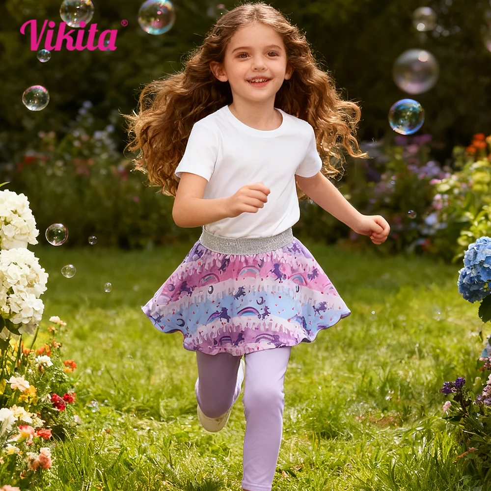 VIKITA Toddlers Girl Purple Leggings with Rainbow Colorful Unicorn Skirts Fake 2 Pcs Kids Soft Cozy Cotton Casual Trousers Pants