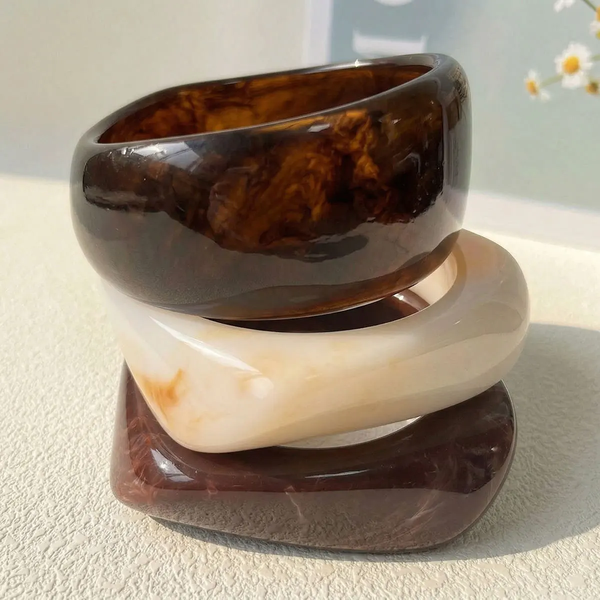 3Pcs/Set Trendy Coffee Beige Thick Resin Acrylic Round Bangle Bracelet Women Retro Multilayer Stacked Wide Bangle Hand Jewelry