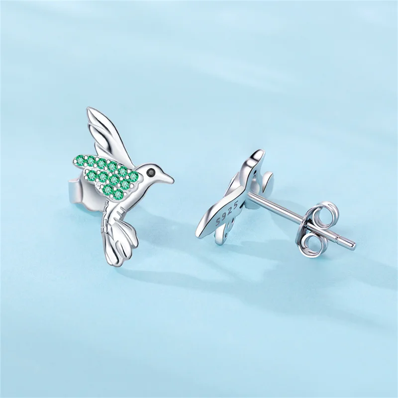 Real 100% 925 Sterling Silver earring inlay Green Zircon Bird Stud Earrings for Women Evening Party Cute Fine Jewelry Gifts