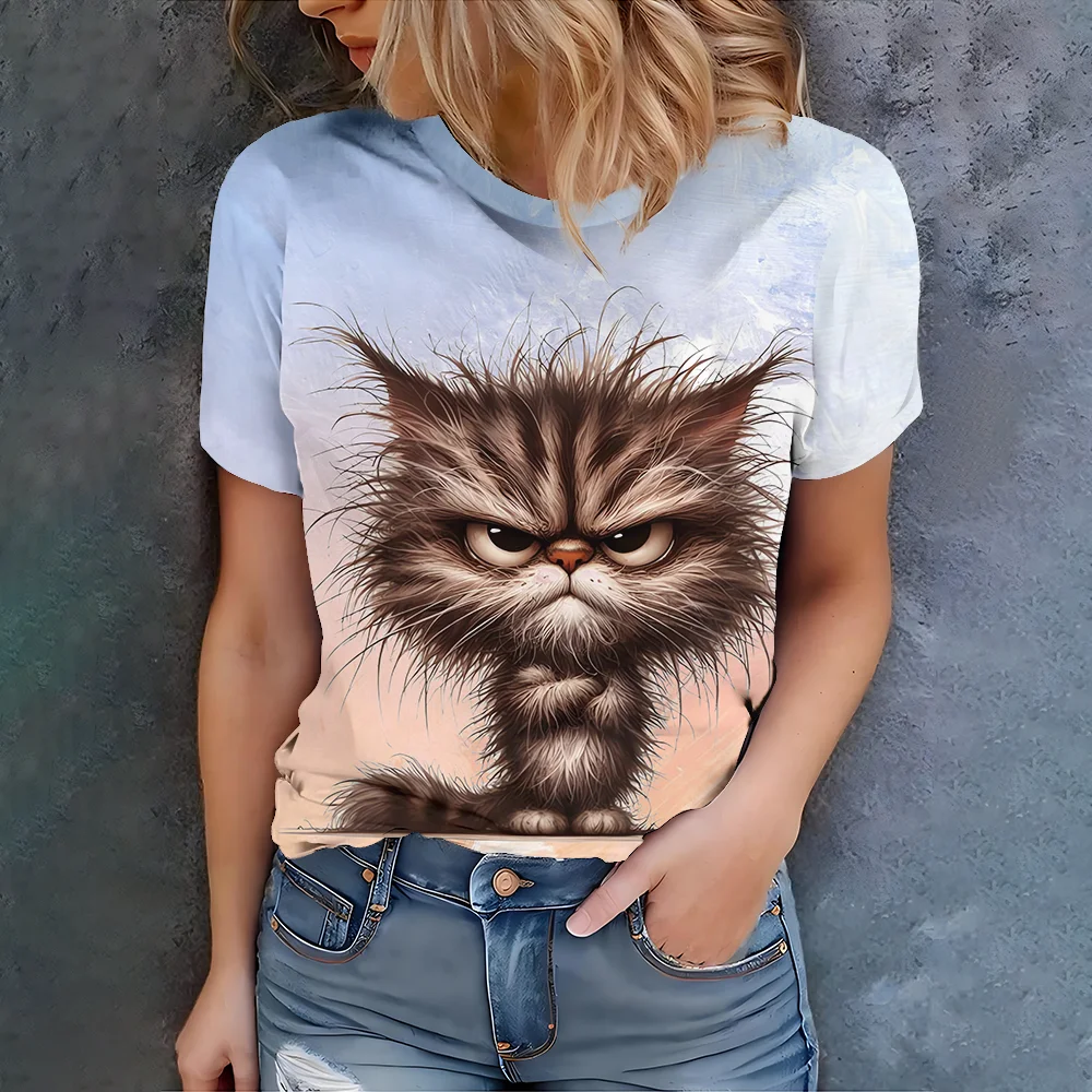 

Cute and funny style, light blue gradient angry cat print, casual and fashionable summer women's short sleeved T-shirt