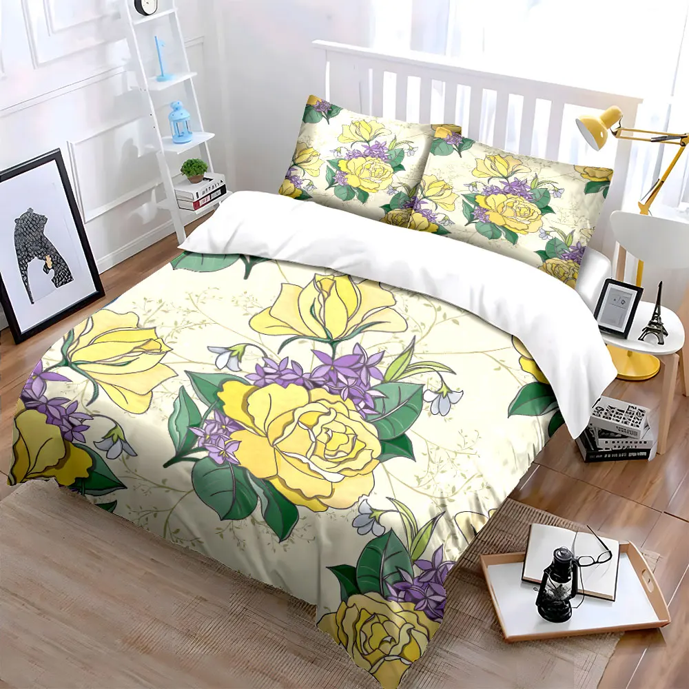 Elegant Hand-Drawn Yellow Floral Pattern Bedding Set 1 Duvet Cover 2 Pillowcases for Adult and Children Luxury Gift Full Size