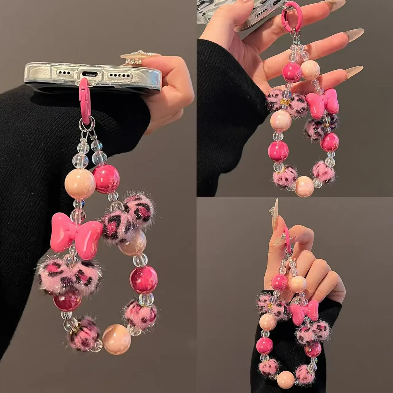 Leopard Print Ins Pompom Bow Bead String Short Style Chain Phone Case Hanger Keychain