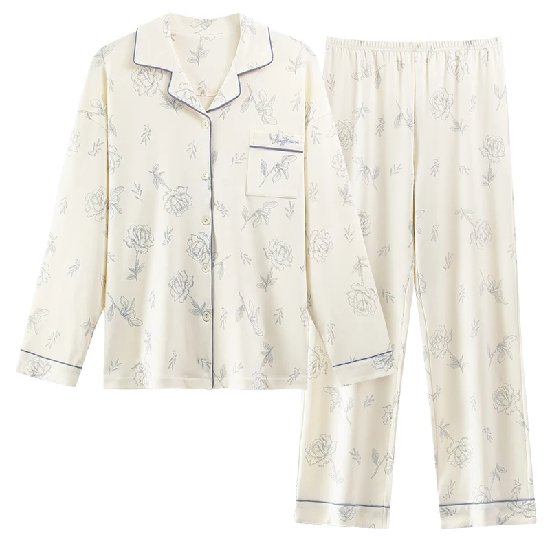 

Big Size M-4XL Spring and Autumn Women Pajamas Set 100% Cotton Pyjamas Female Turn-down Collar Long Sleeve Floral Sleepwear