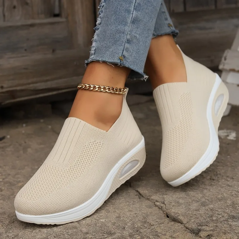 SummerWomen Fashion Vulcanized Sneakers Platform Solid Color Flat Ladies Shoes Casual Breathable Wedges Ladies Walking Sneakers