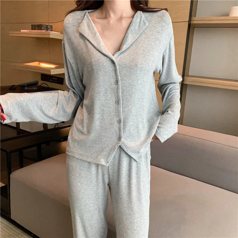 Korean Knitting Women\'s Cotton Pajamas Lapel Long Sleeve Top Pant Suit Spring Autumn Home Wear Clothing Set Pijama Feminino