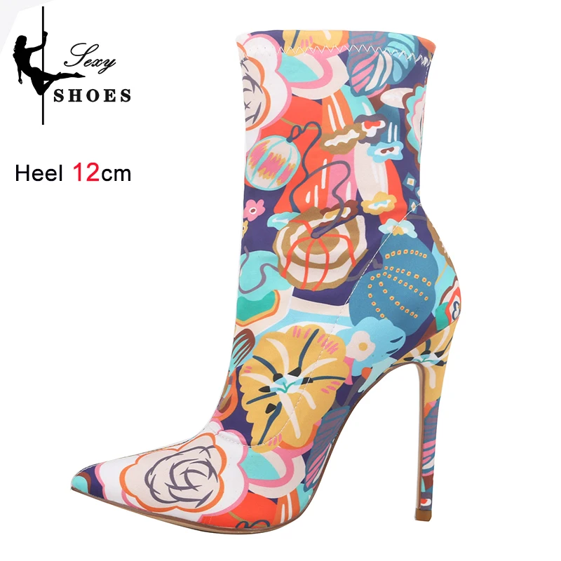 

Stage Show Pointed Toe Short Boots For Women Fashion Print High Heels 2023 New Stiletto Autumn Shoes Ladies Elastic Socks Boots