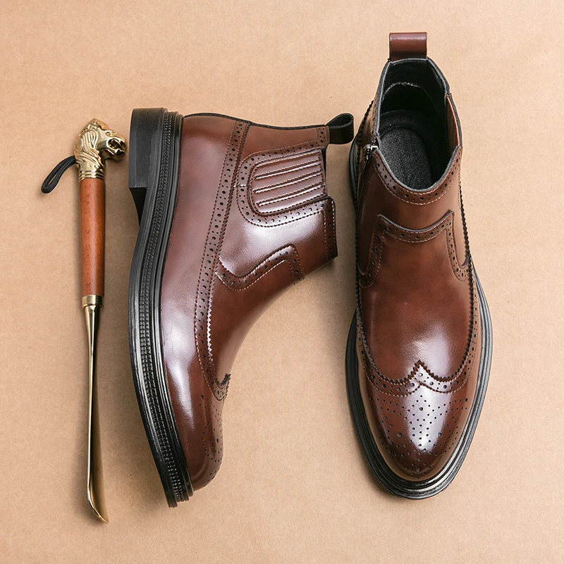 2026 Winter Men's High Quality Fashion Formal Shoes Top-grain Leather Wool Lining Warm Business Rubber Sole Non-slip Boots