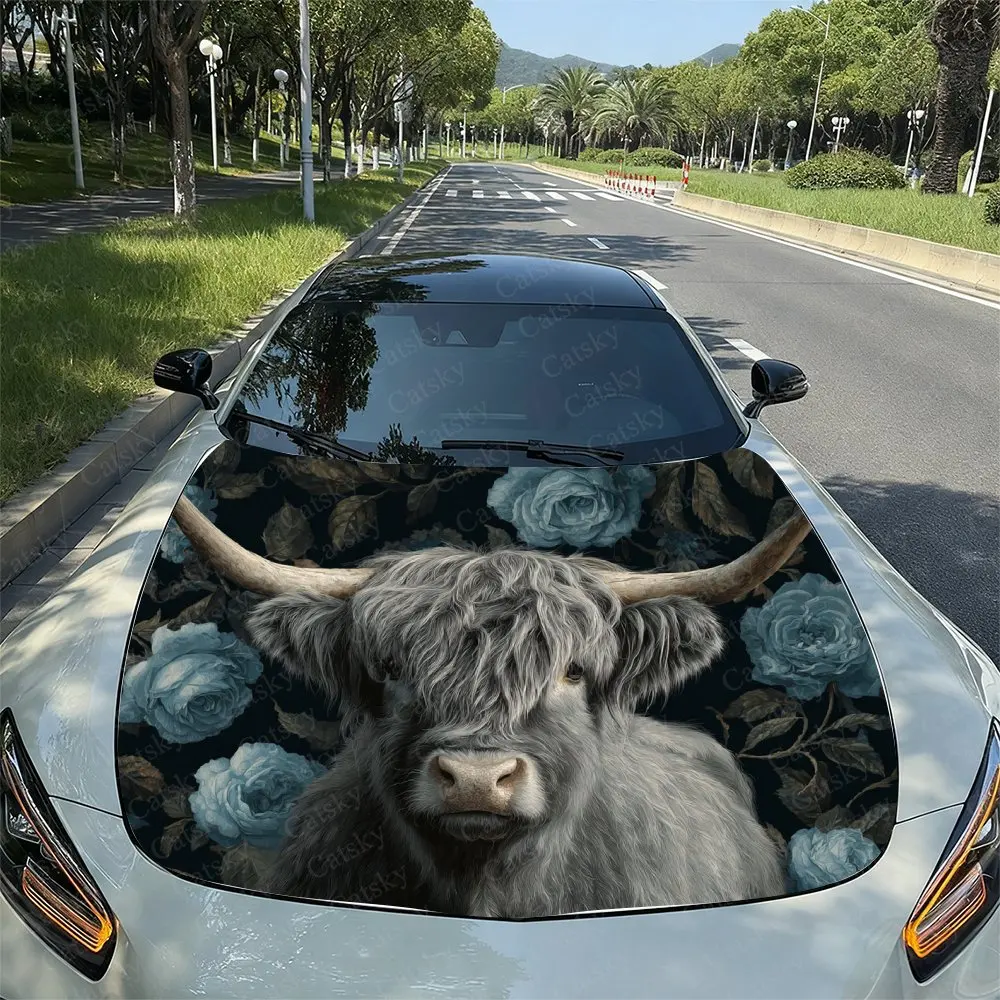 Blue Rose Highland Cattle Car Hood Sticker, Drum Packaging, Stylish Design, Suitable For Most Vehicles, Hood Protective Film, Ve