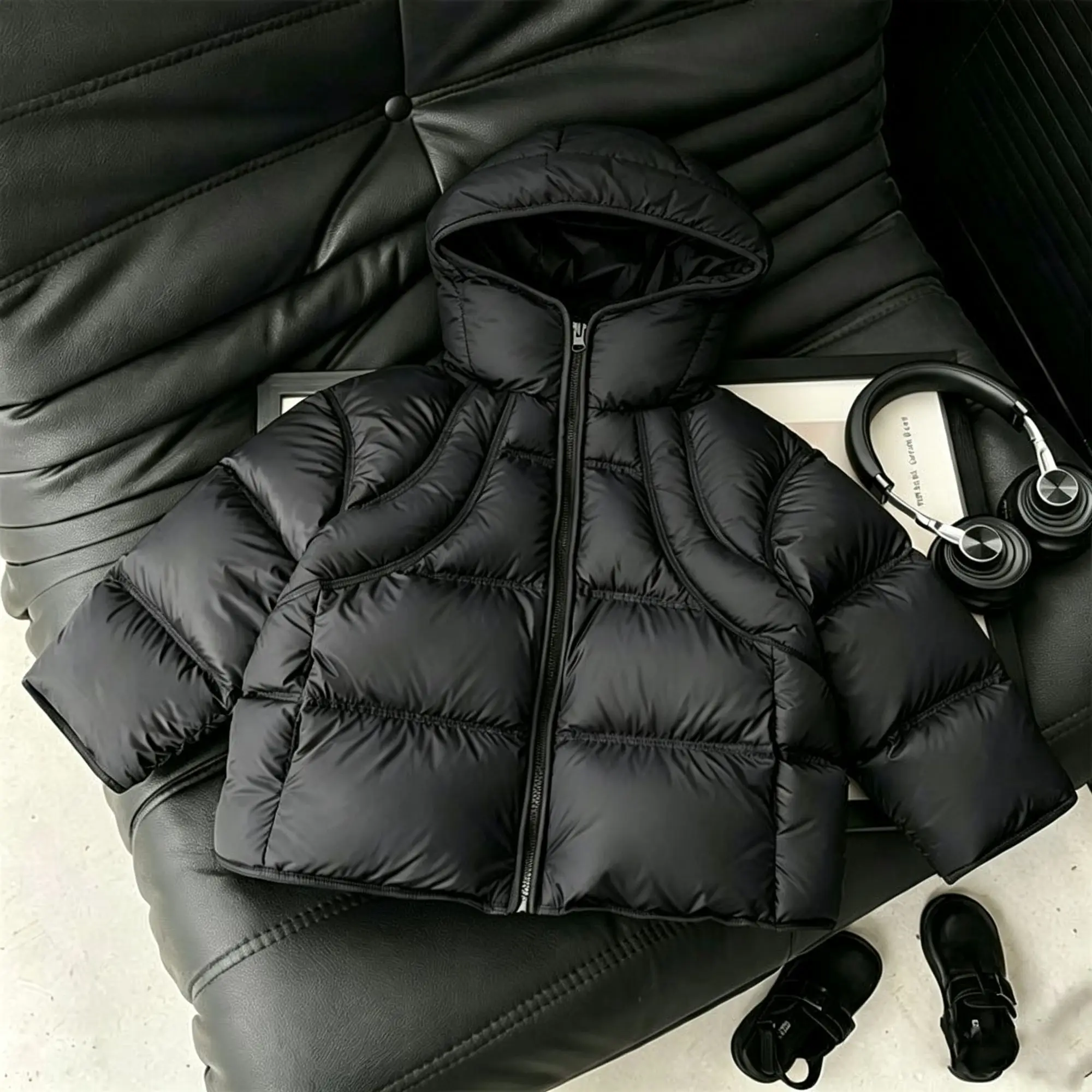 Boys Winter Warm Padded Jacket Thickened Hooded Coat Solid Color Outerwear New Fashion Korean Style Kids Clothing