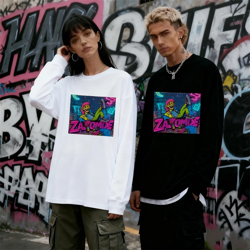 ZAZOMDE Korean Vintage Comic Print Cotton Long Sleeve T Shirt Men Women Streetwear Tee Soft Breathable Fabric Loose Fit Casual
