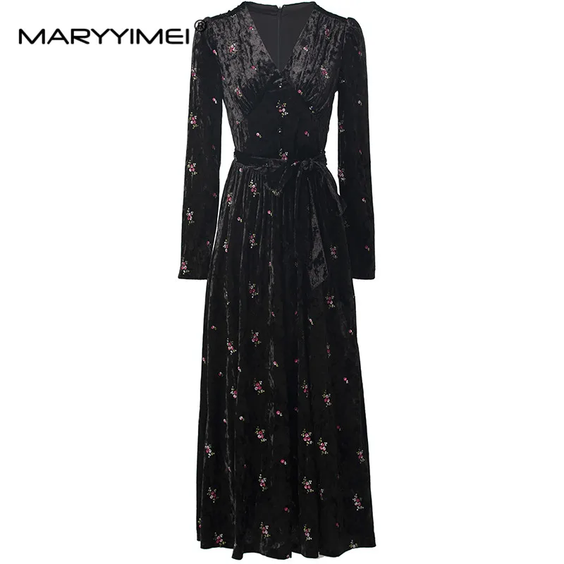 MARYYIMEI Autumn and Winter Women's Vintage Dress V-Neck Long Sleeved Embroidery Design High waist Black Dresses