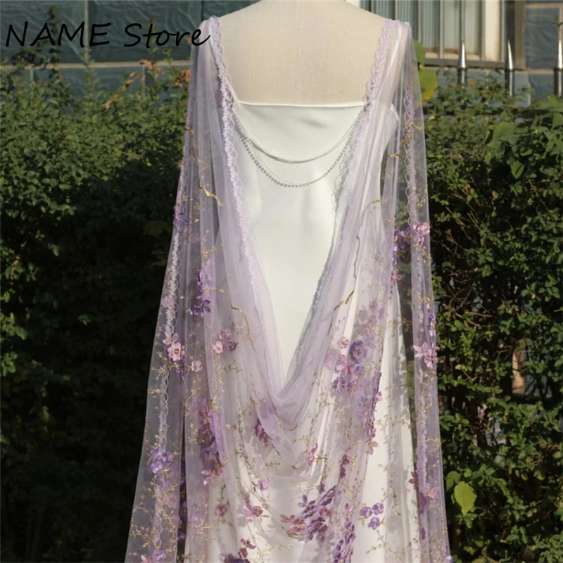 Purple Gold Floral Bridal Wedding Draped Cape Veils For Brides Cathedral Lace Trim Embroidered Flowers Colorful Unique Accessory